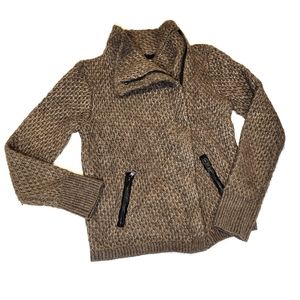 LOFT Brown Knit Moto Jacket Sweater Asymmetrical Zip Faux Leather Trim